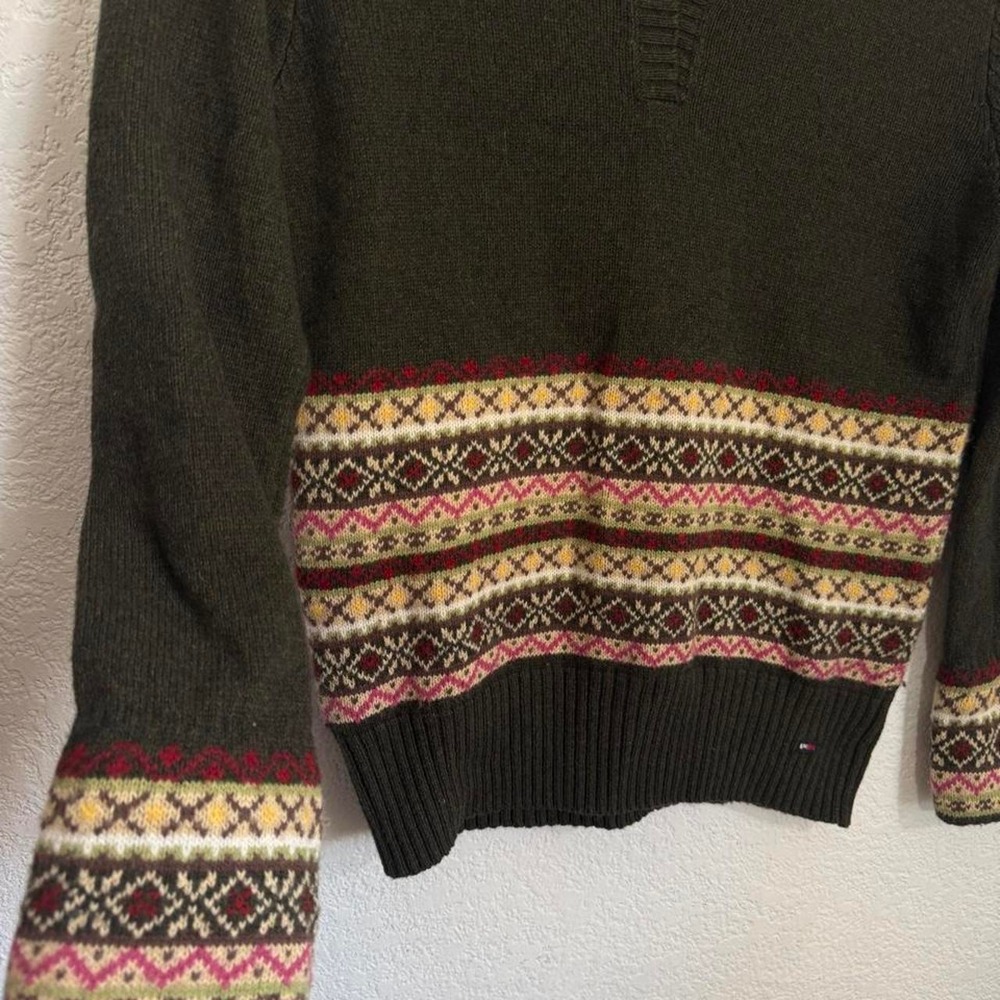 Vintage Tommy Hilfiger Fair Isle Lambswool Sweater Olive Green Size M - Picture 2 of 6